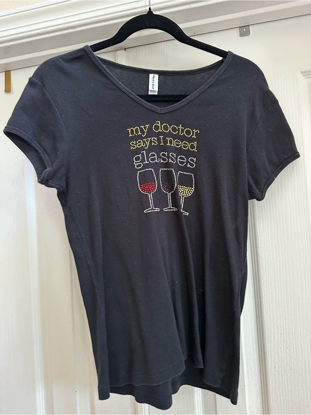 Black Graphic Tee with Wine Glass Rhinestones